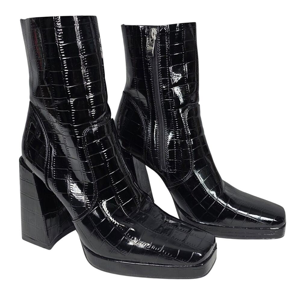 PRINCESS POLLY WOMEN’S BLACK CROC VEGAN PATENT 4.5" HEEL LEATHER BOOTS – SIZE 8